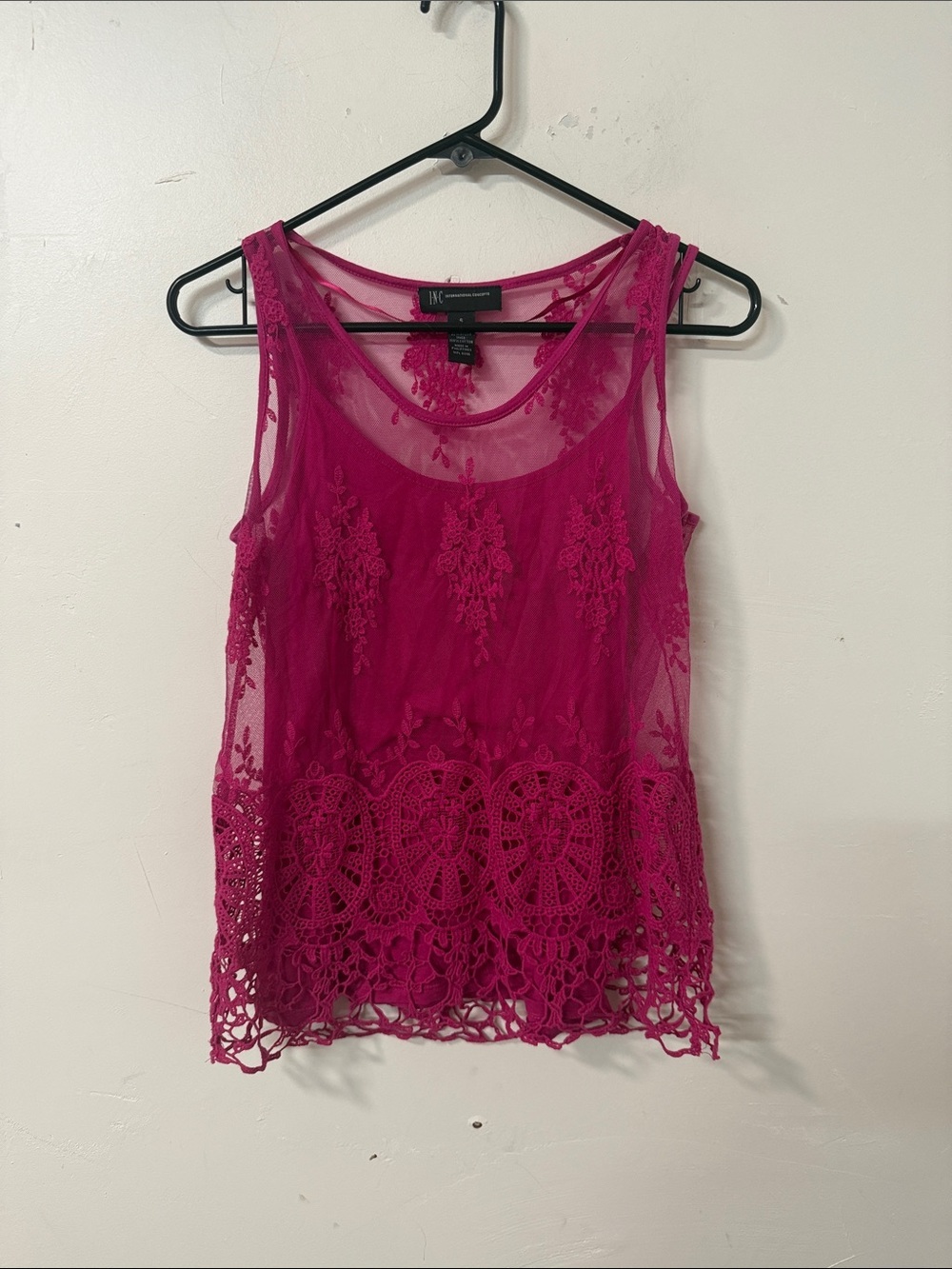 INC International Concepts Fuchsia Sheer Lace Crochet Hem Tank